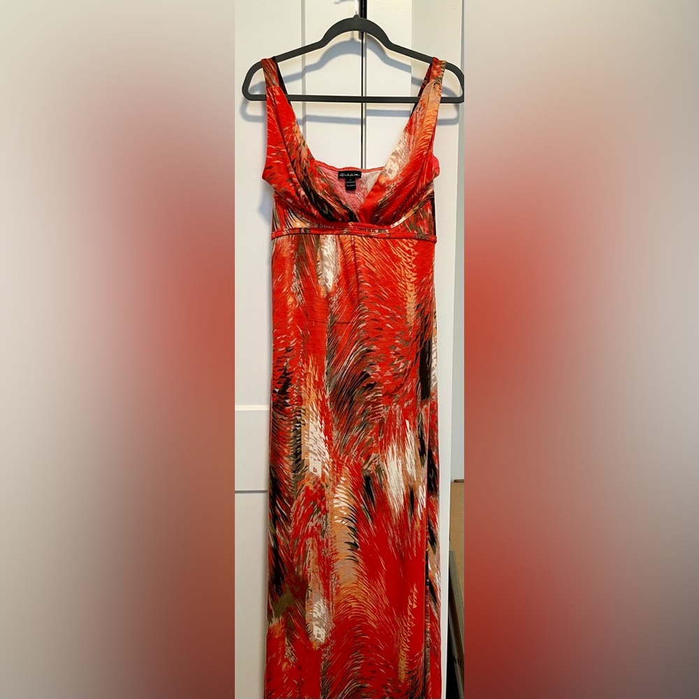 Seductions Coral Red Print Maxi Beach Dress - Size M
